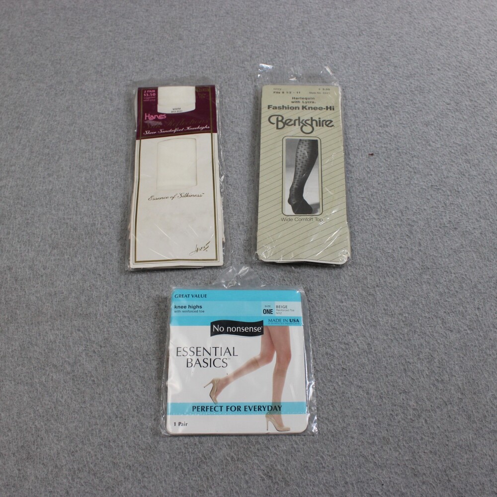 Vintage Hanes Berkshire Knee High Stockings Women OS Tan White Sheer Lot X 3 Y2K